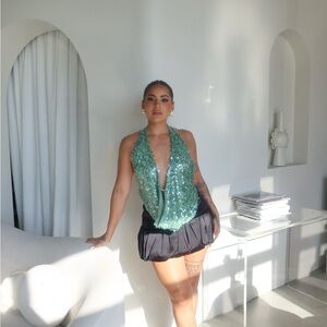 Peppermayo Green Sequin Halter Top with Black Skirt